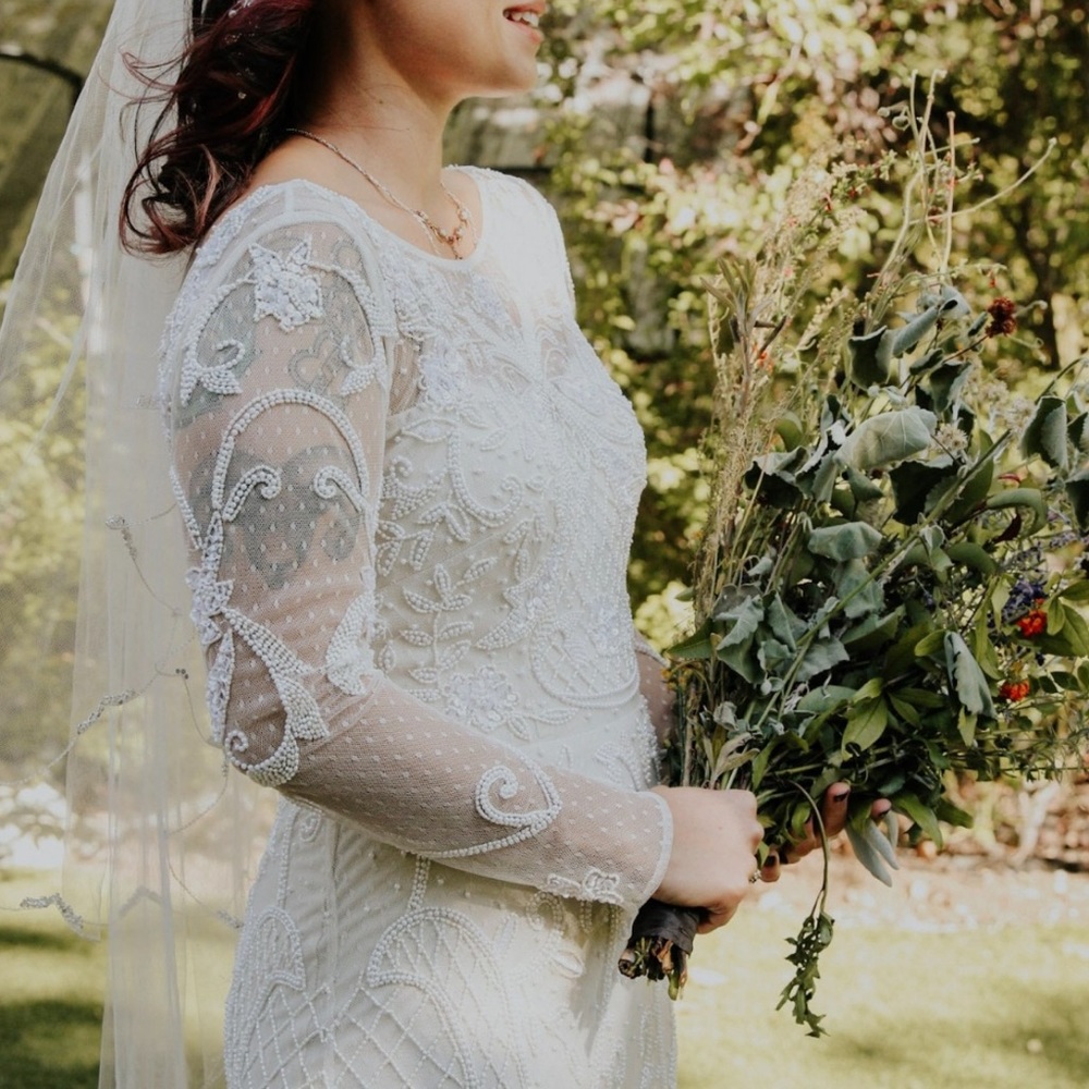 DB STUDIO all over scroll bead illusion long sleeve wedding dress